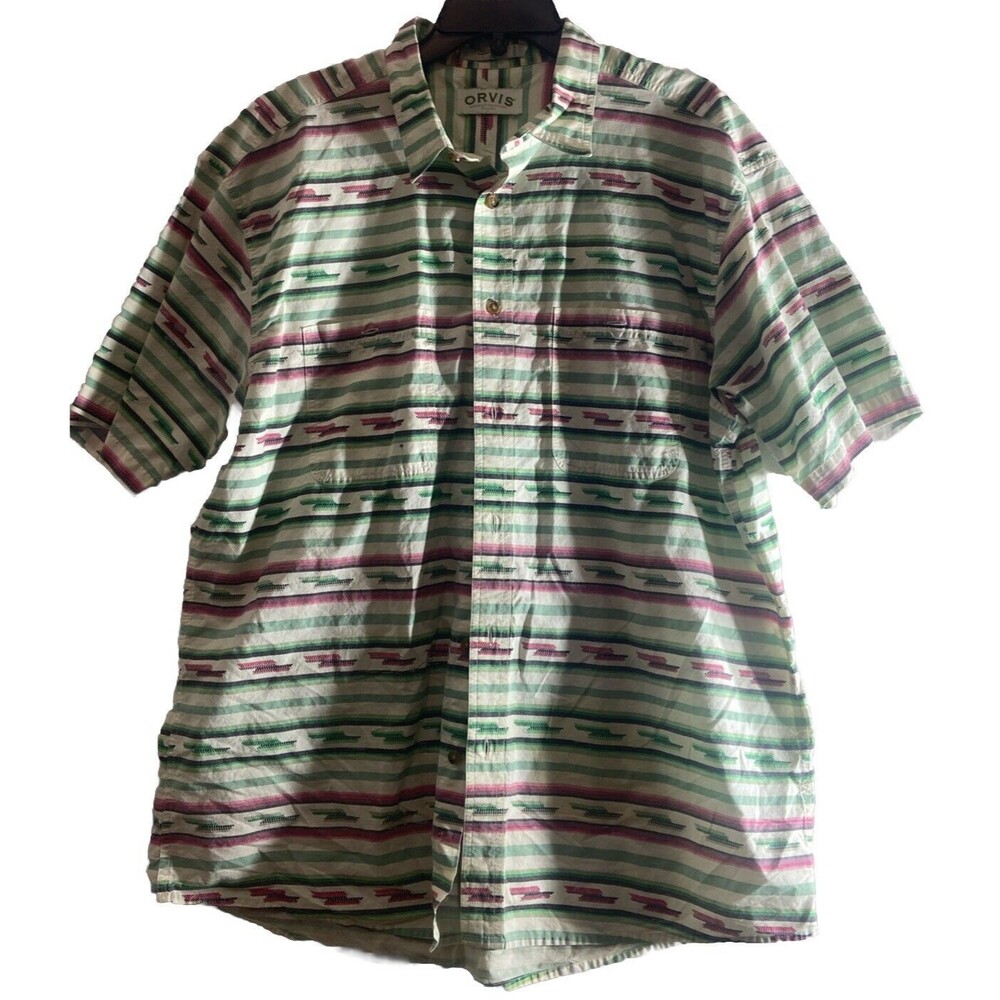 ORVIS Sporting Traditions Men's  GREEN WHITE SHORT SLEEVE SHIRT Button Down XL
